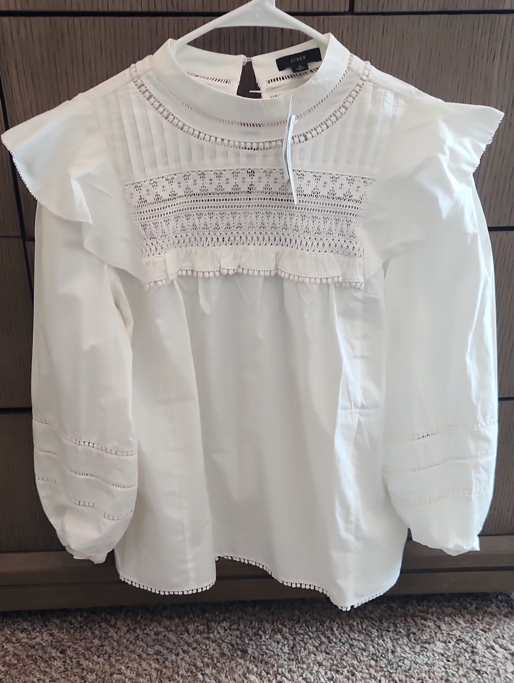 J. Crew White Lace Yoke Ruffle Sleeve Blouse